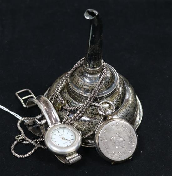 A George III silver wine funnel(a.f.) a silver fob watch on chain and a silver wrist watch.